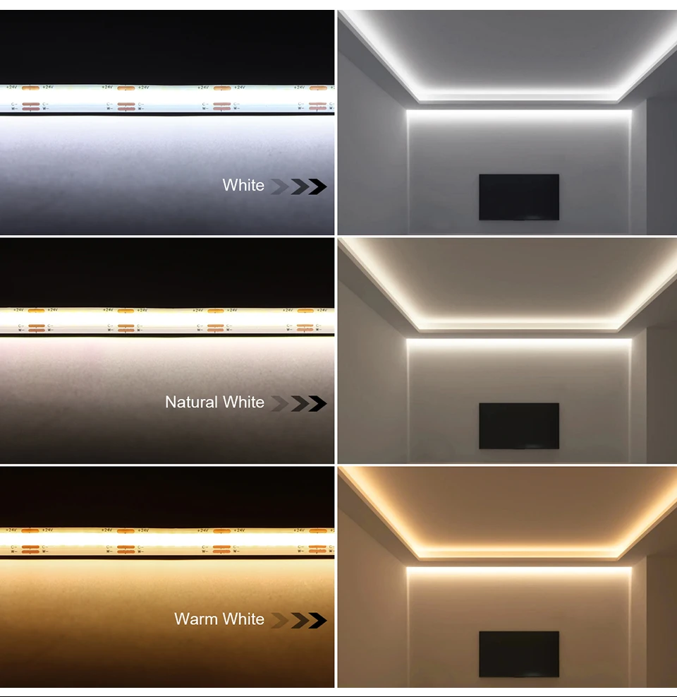 Description Picture 5 of item3PIN DC12V 24V CCT COB LED Strip Light 608LEDs/M High Lumen Dimmable LED Tape Bar Lamp For Kitchen Cabinet Bedroom Studyroom