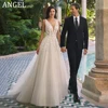 ANGEL Sparkle Backless Wedding Dresses 2024 Sleeveless A-Line V-Neck Bridal Gowns Leaf Appliques Tulle Zipper Vestidos de Novia 1