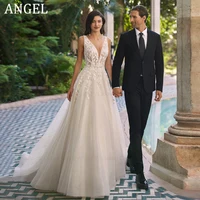 ANGEL Sparkle Backless Wedding Dresses 2024 Sleeveless A-Line V-Neck Bridal Gowns Leaf Appliques Tulle Zipper Vestidos de Novia 1