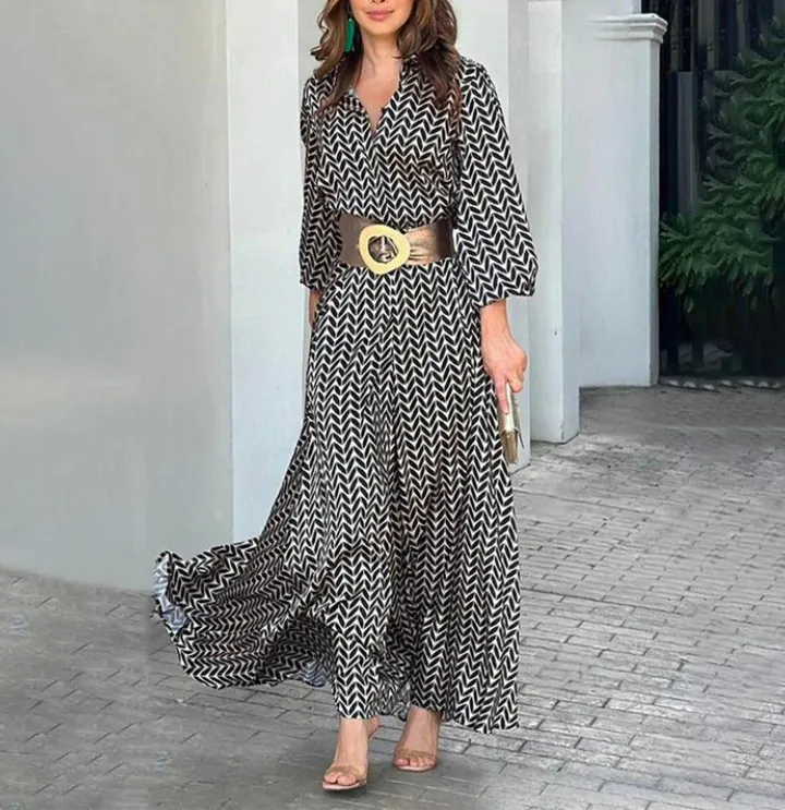 Maxi Dress New Spring Summer Shirt Casual Print Long Sleeve Commuter Dresses Fashion High Street Bohemian Dress V-Neck Robe