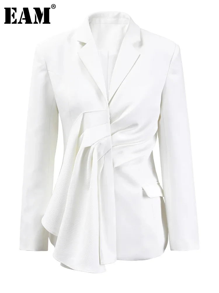 

[EAM] Women White Irregular Pleated Elegant Blazer New Lapel Long Sleeve Jacket Fashion Tide Spring Autumn 2024 CPDB052