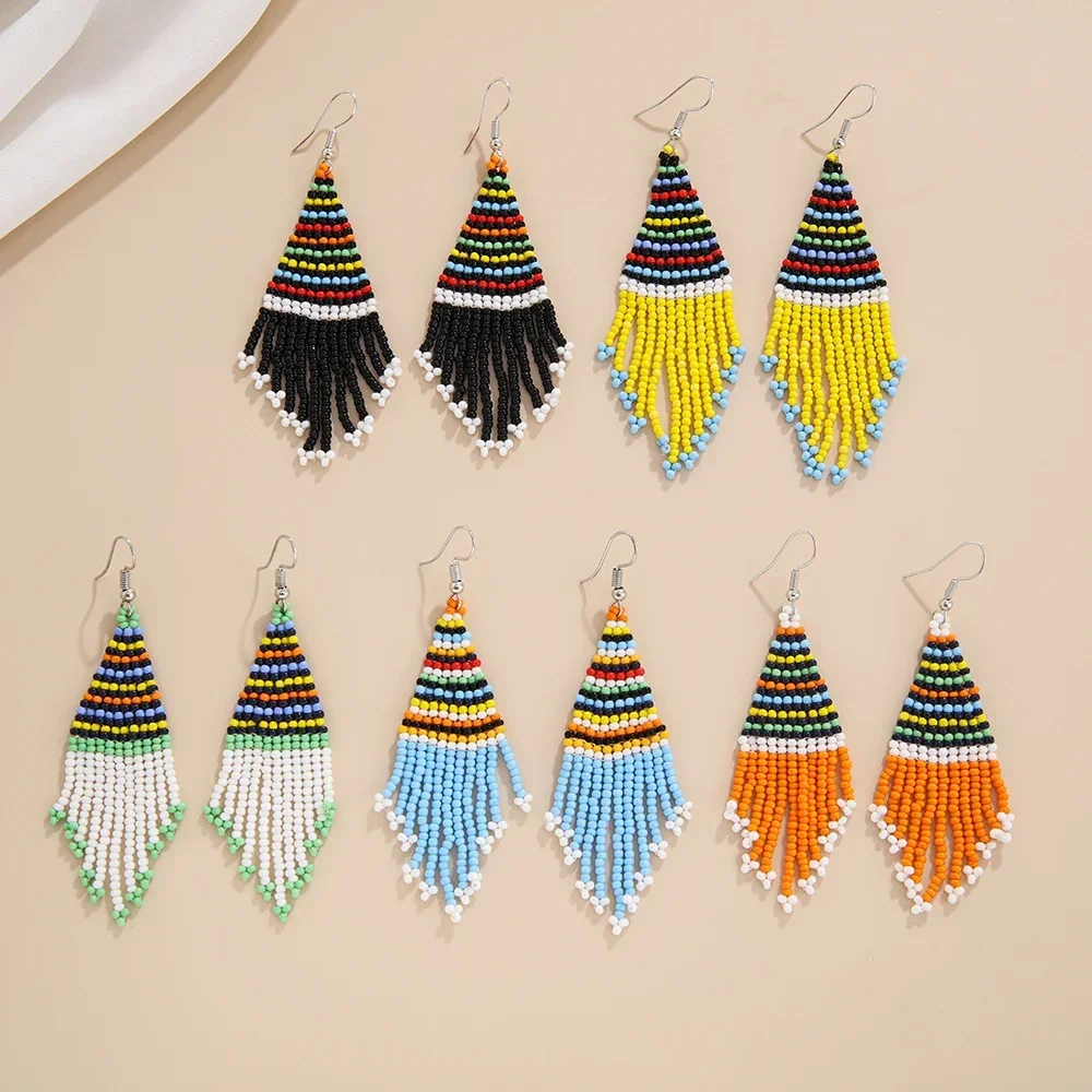 쌀알 비즈 귀걸이 레트로 스타일 심플 핸드 니팅 보헤미안 기하학 디자인 룰 태슬 다용도 여성용 합금 비즈 귀걸이