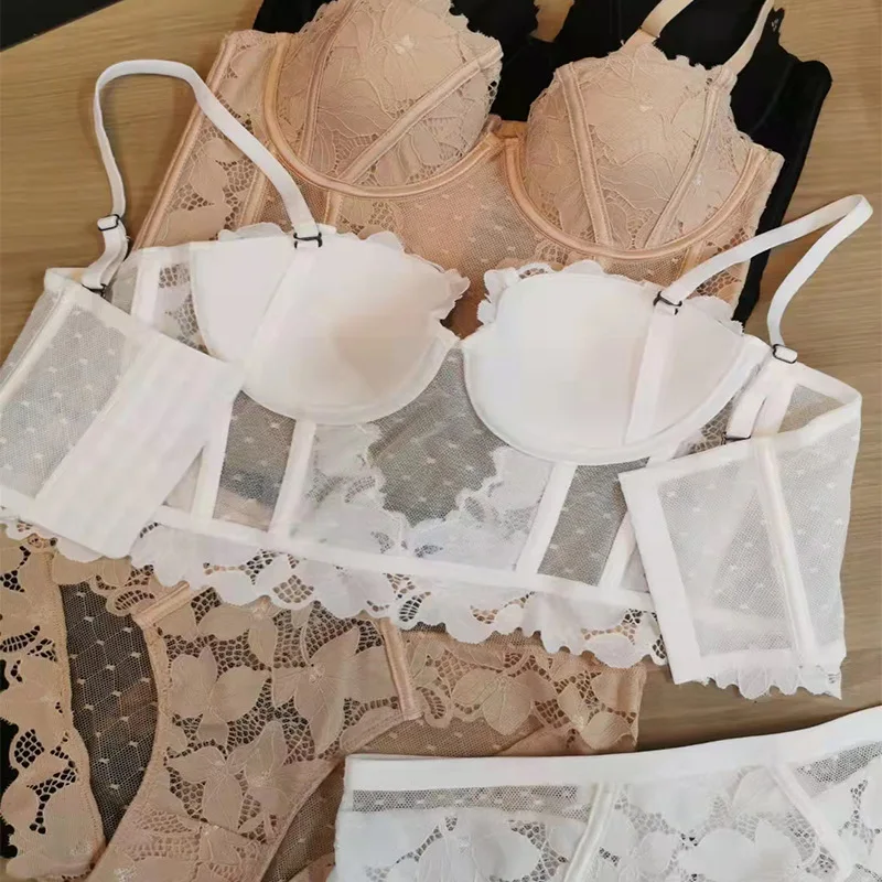 

Sexy winter underwear large breast show small anti sagging fish bone body shaping bra set lace women lingerie briefs plus size
