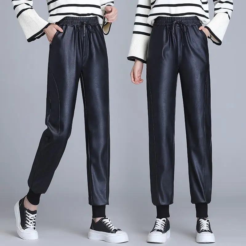 

2023 Loose-fitting Vintage Straight High Waisted Women's Leather Pants Fashion Streetwear Trouser Casual Wide Leg Pants T615