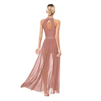 Womens Ballet Dress Lyrical Latin Dance Performance Costume Sleeveless Keyhole Back Shiny Rhinestones Side Split Mesh Maxi Dress - Image 3