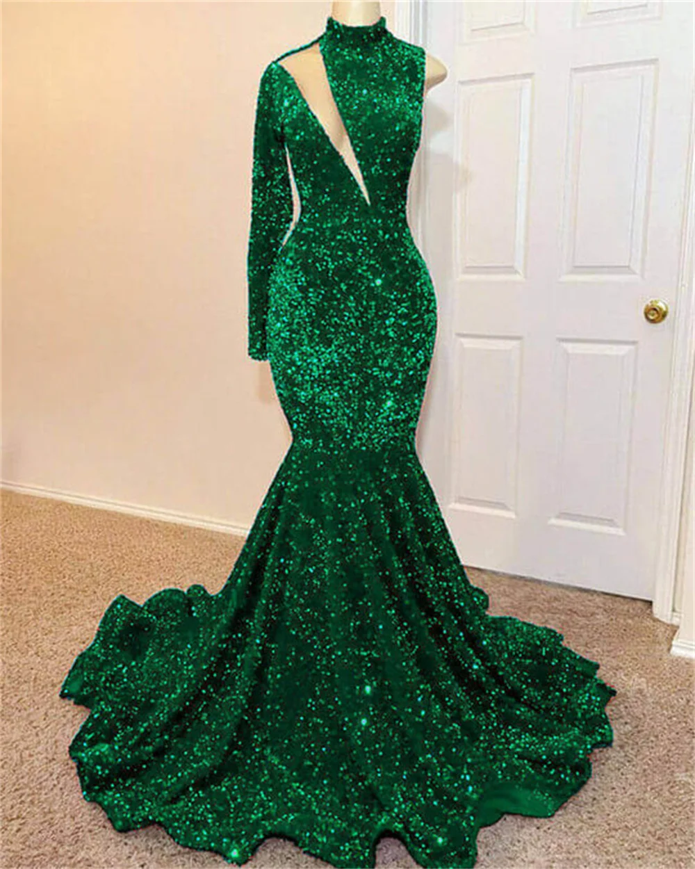 

Mermaid Green Sequin Prom Dresses One Shoulder High Neck Ladies Elegant Formal Occasion Gown Floor Length Birthday Party Dress