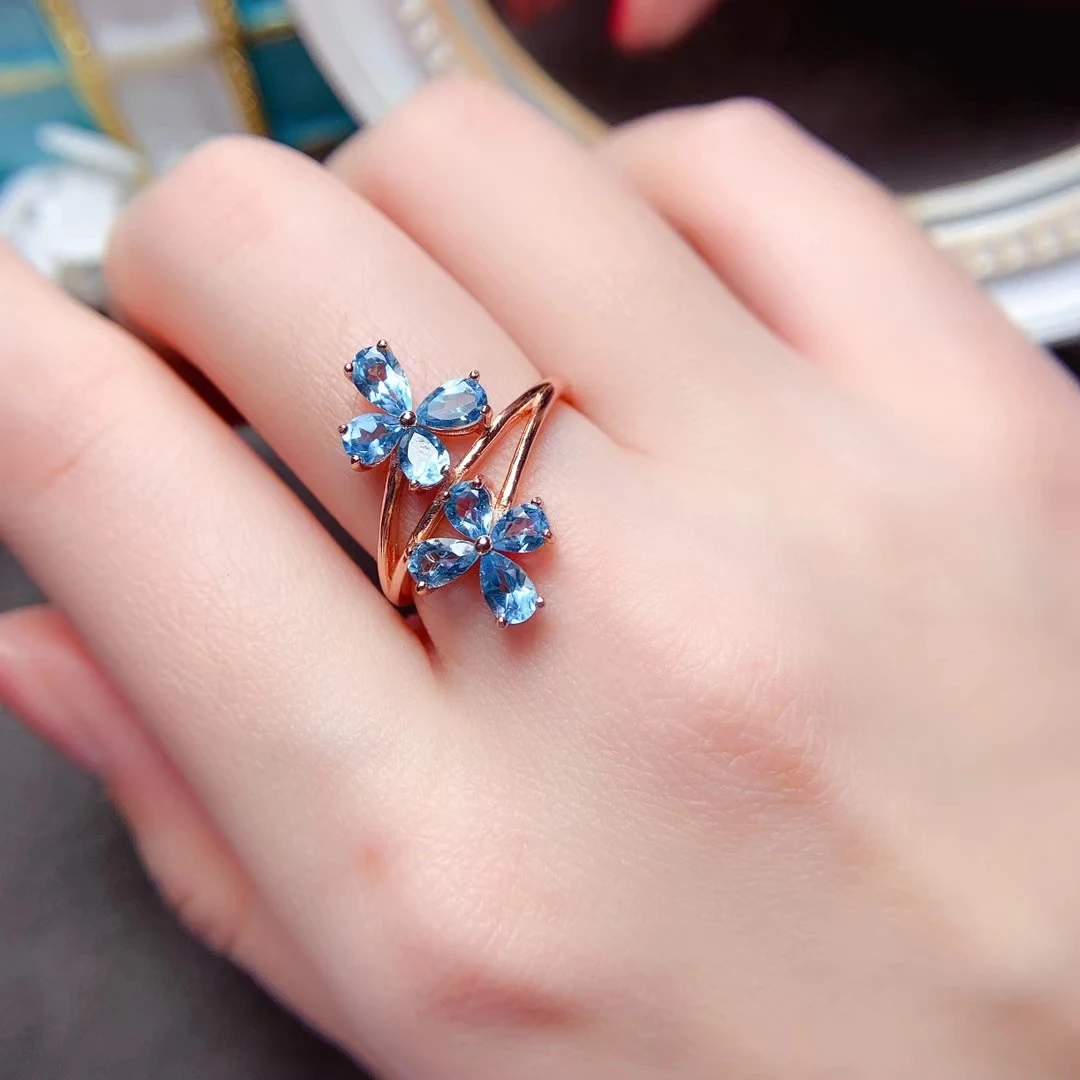 

100% Natural Light Blue Topaz Ring for Party Fashion Silver Flower Ring 925 Silver Topaz Jewelry Gift for Woman