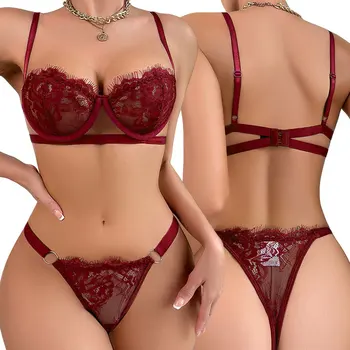 Reggiseno aperto in pizzo con pizzo a ciglia, coppa a mezza copertura, lingerie sottile e sexy da donna, set di reggiseno e slip con ricami delicati, intimo di lusso con effetto push-up.