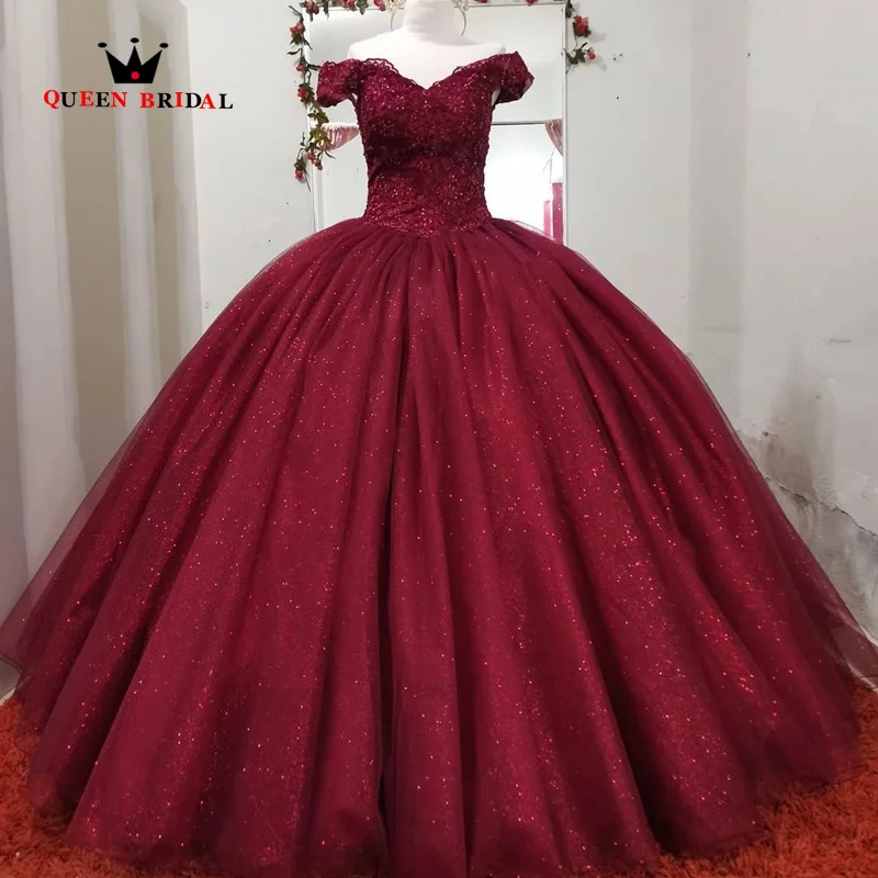 

Sparkly Burgundy Quinceanera Dress Fashion Off Shoulder Appliques Tulle Formal Princess Party Birthday Gowns Robe De Bal CD02