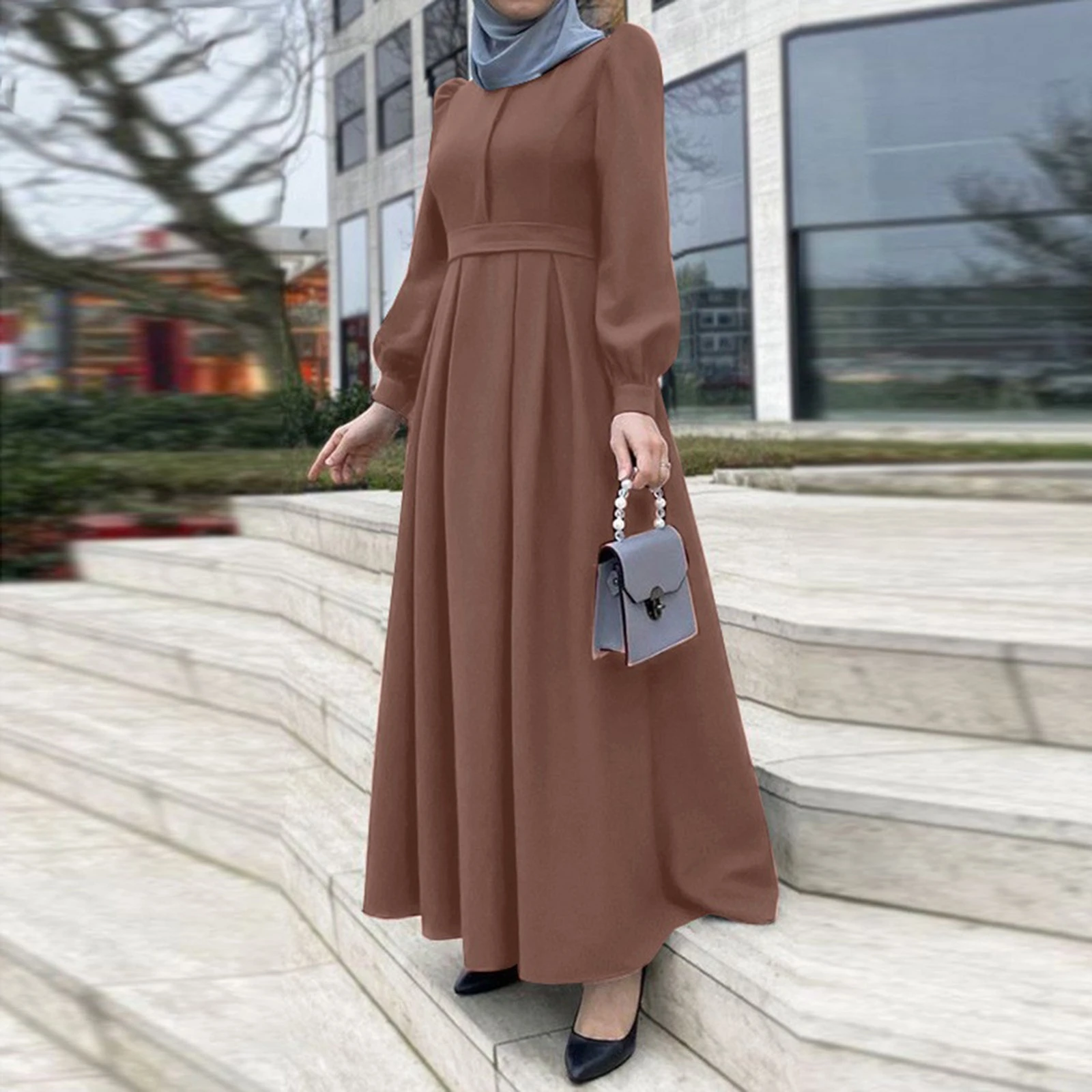Muslim Plus Size Women Dress Abaya Puff Sleeve Round Neck Solid Long