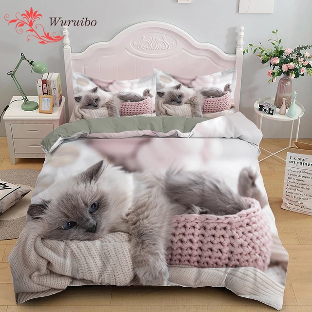 Luxury Bed Sheet Set King Size, Polyester Pet Cat Bedding Set