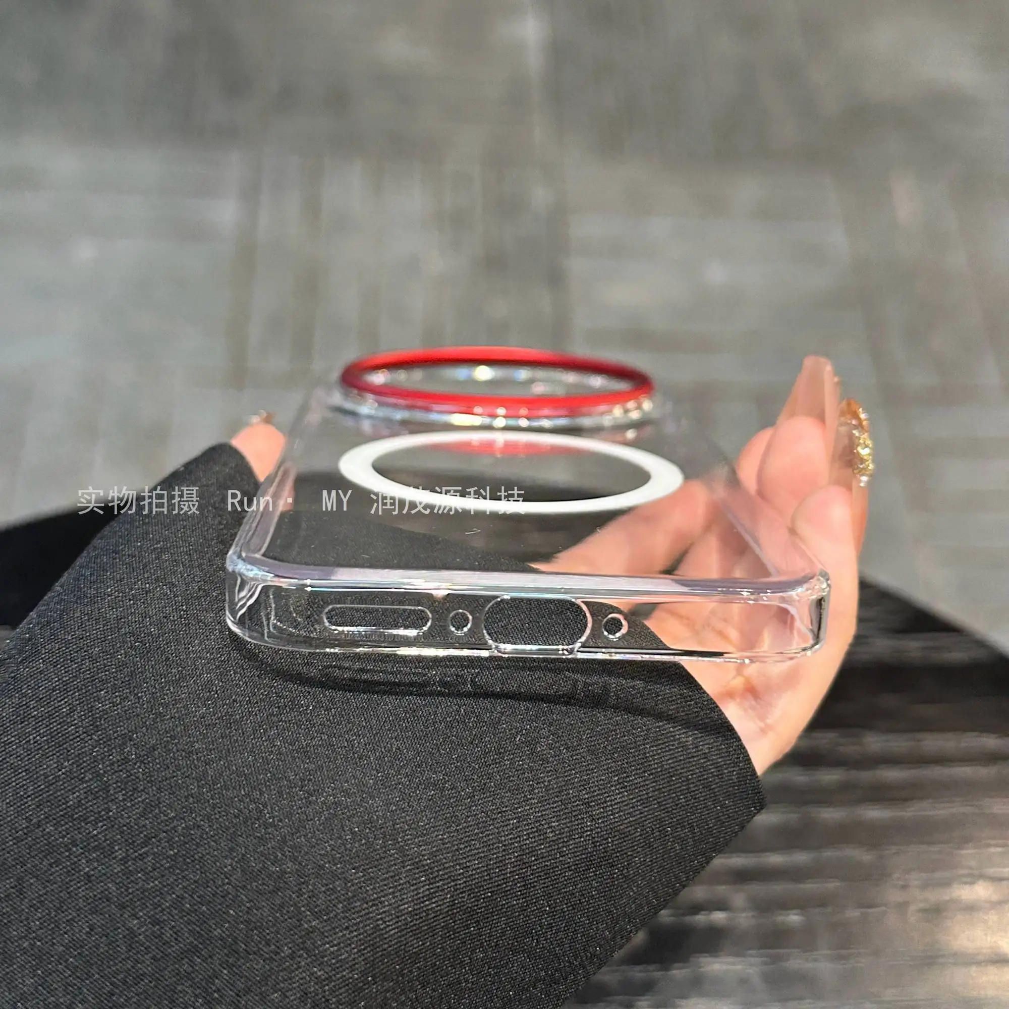 Enhanced Red Lens Ring Shockproof Acrylic Phone Case with Magnetic Anti-Slip Textured Sides