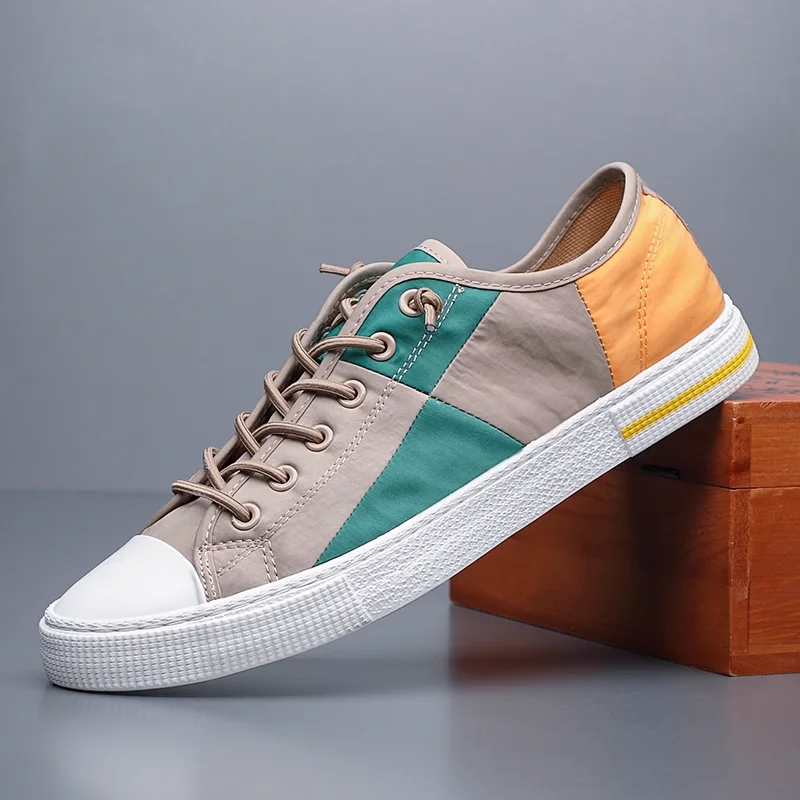 

2023 New Vulcanized Shoes Men Breathable Canvas Casual Loafers Elastic Band Trend Simple Joker Shoes Black Khaki BD21259
