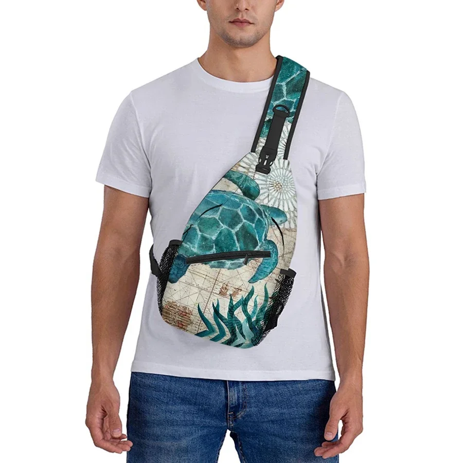 Kleine Brusttasche mit Meeresschildkröten-Muster, bestes Geschenk für Männer und Frauen, 2D-Flach-Cartoon, großes Fassungsvermögen, Outdoor-Sport, Freizeit, Mode – Detail 7