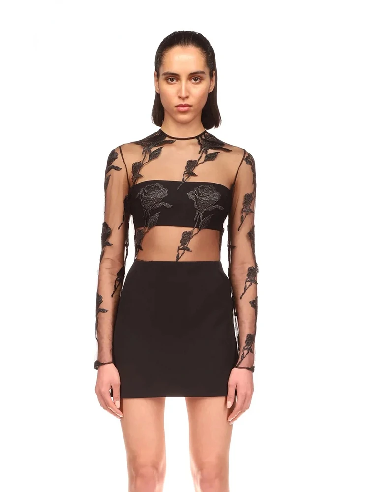 

Flower Sequins Perspective Mesh Design Long Sleeve 2023 New Women's Celebrity Club Black Sexy Mini Bandage Dresses