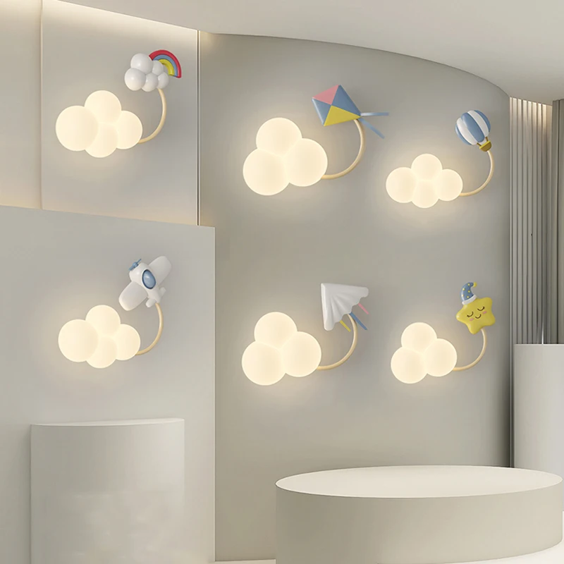 Children Bedroom Bedside Wall Lamp Cartoon Airplane Lights PE Lampshade Star Rainbow Kite Hot Air Balloon Cloud Night Light