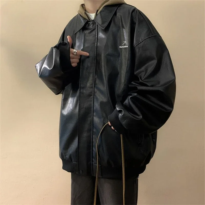 Korean style leather jacket men's spring and autumn new trendy brand PU leather jacket high street casual motorcycle jacket ins