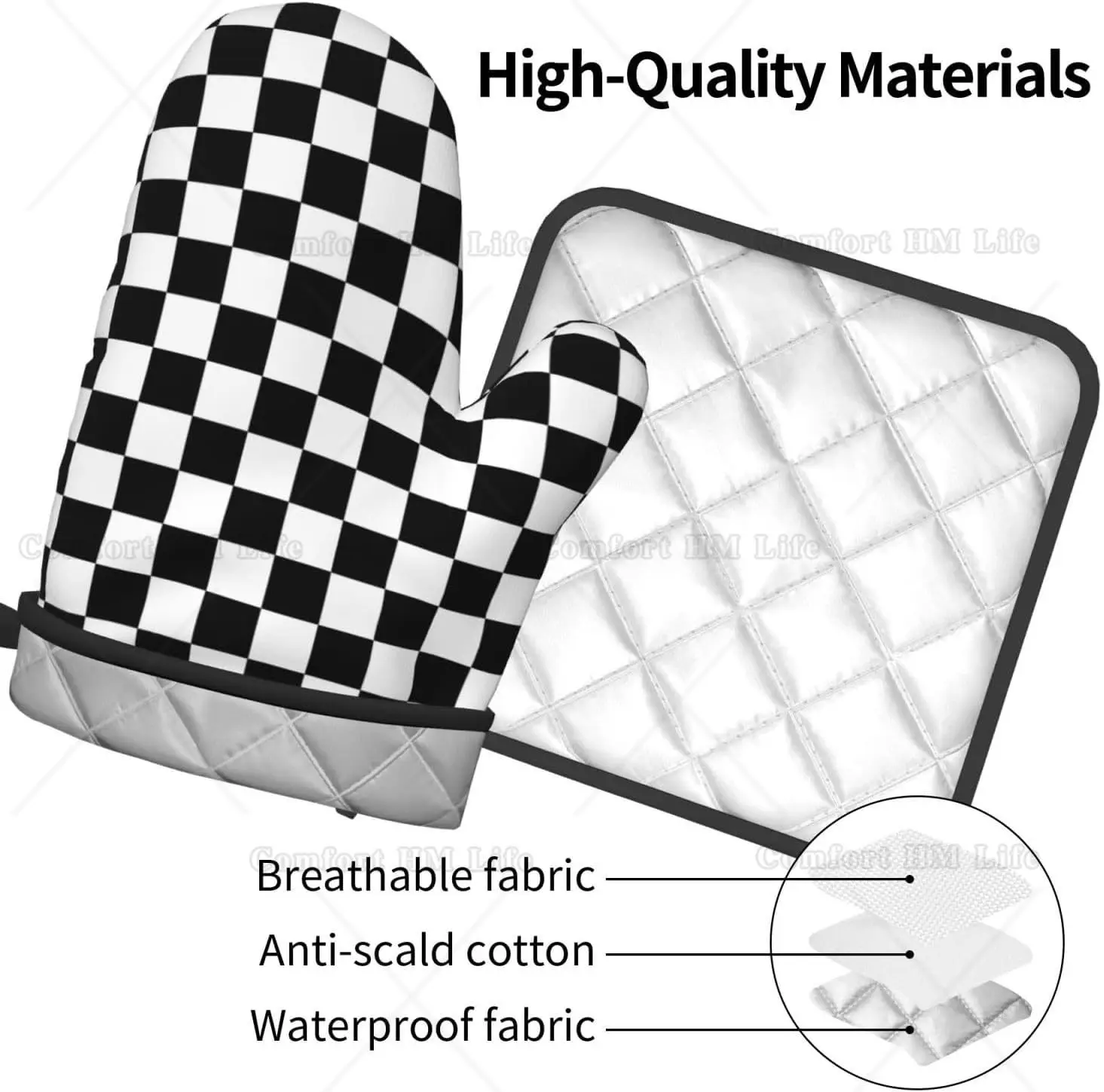 Oven Mitt and Pot Holders 2 Piece Set Black and White Checkered Racing Waterproof BBQ Gloves for Kitchen Cooking Baking