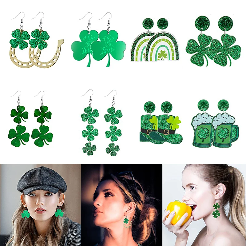 St. Patrick's Day Earrings Acrylic Irish Shamrock Dangle Earrings Green  Clover Drop Earrings for Women Girls St Patty's Jewelry Gift