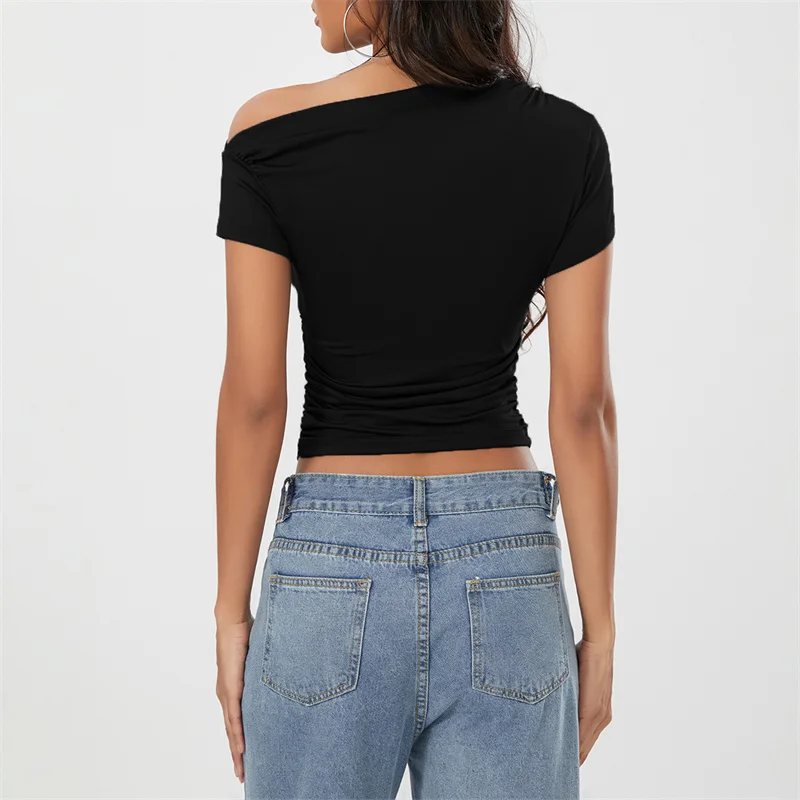 Top corto Y2K para mujer, ropa grunge de verano, camiseta fruncida sin mangas con hombros oblicuos, chaleco, ropa de calle de los años 2000