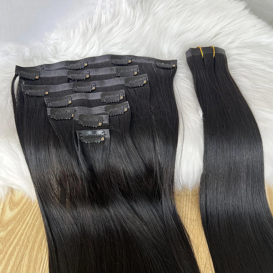 Extensions de cheveux humains naturels (100 g, non traités), 7 pièces/ensemble, clips invisibles, couleur #1B, longues, tissage PU, lisses._voghion.com