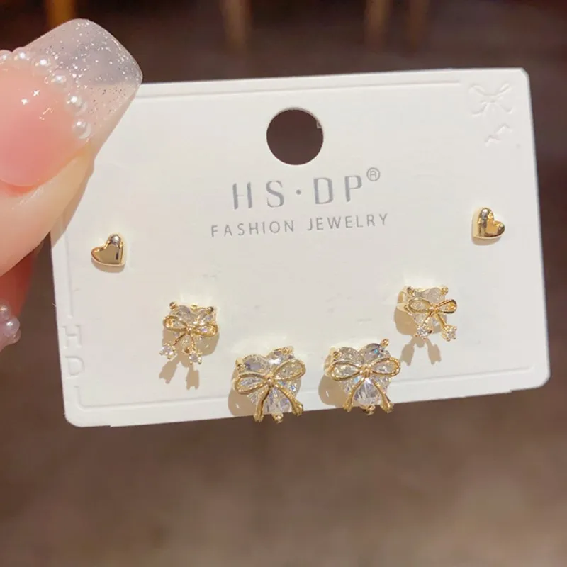 6Pcs/set Bowknot Heart Zircon Stud Earring Sets for Women Exquisite Daily Match Stackable Stud Earrings Gifts