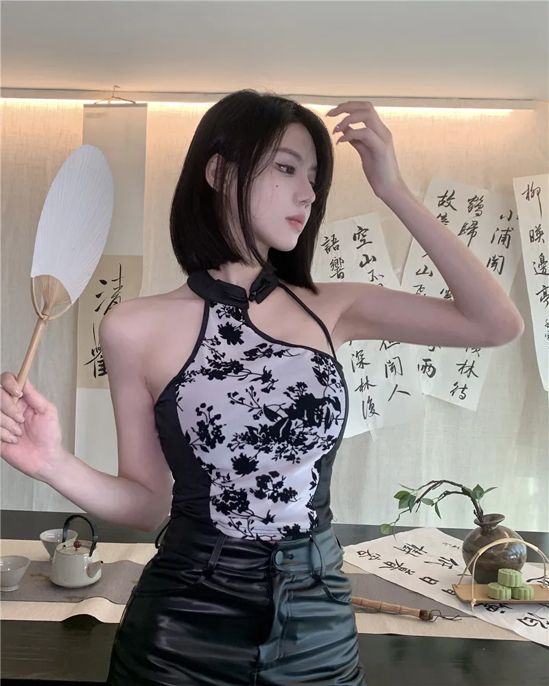 New Chinese Style Irregular Camis Women Autumn Elegant Temper Ink Print Sexy Halter Backless Fashion Party Romantic Crop Tops