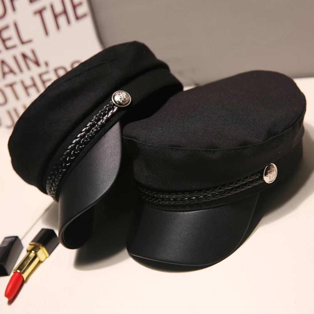 

Fashion Cadet Black Captain Flat Top Spring Autumn Hat Octagonal Hat Beret Caps Sailor Hats
