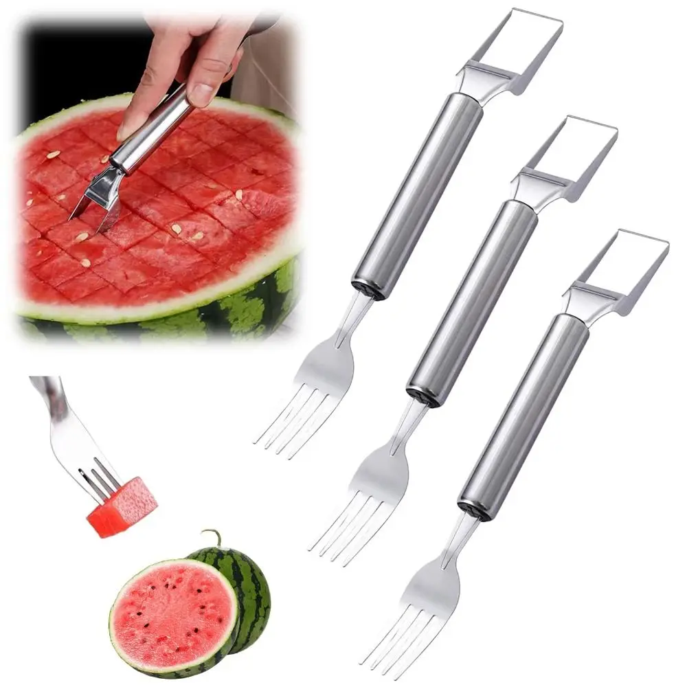 Description Picture 3 of item2-in-1 Watermelon Cutter Dual Head Professional Slicing Watermelon Fork Slicer Stainless Steel Fruit Forks Slicer
