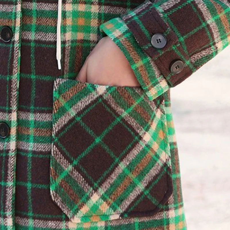 2023 Winter New Women Fashion Green Plaid Hooded Woolen Coat Female Mid-Length Loose Cotton Padded Casual Thickened Outwear