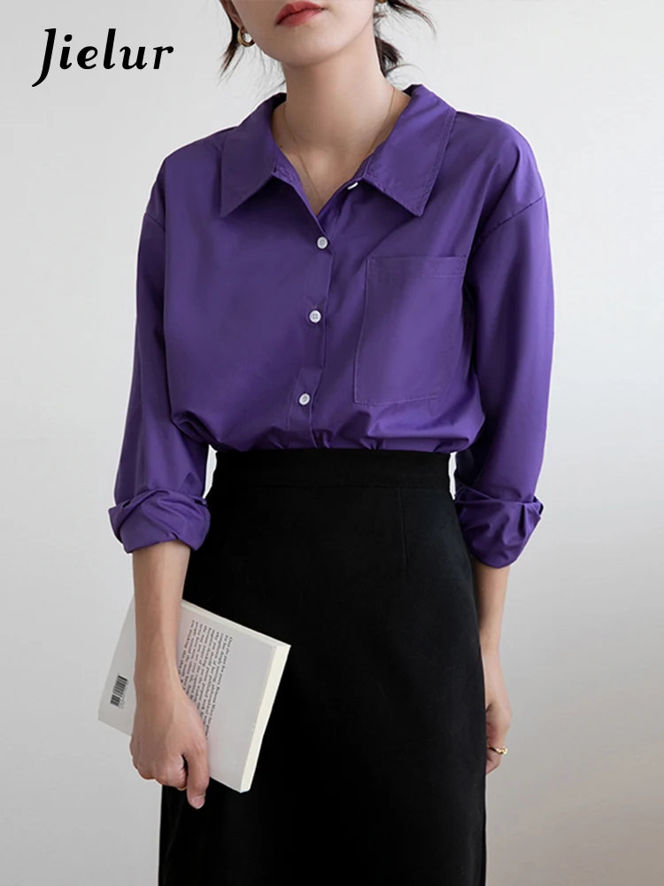 

Jielur Рубашка Женская с длинным рукавом шикарная блузка в французском стиле ретро фиолетовая Базовая Повседневная Элегантная блузка в Корейском стиле на весну