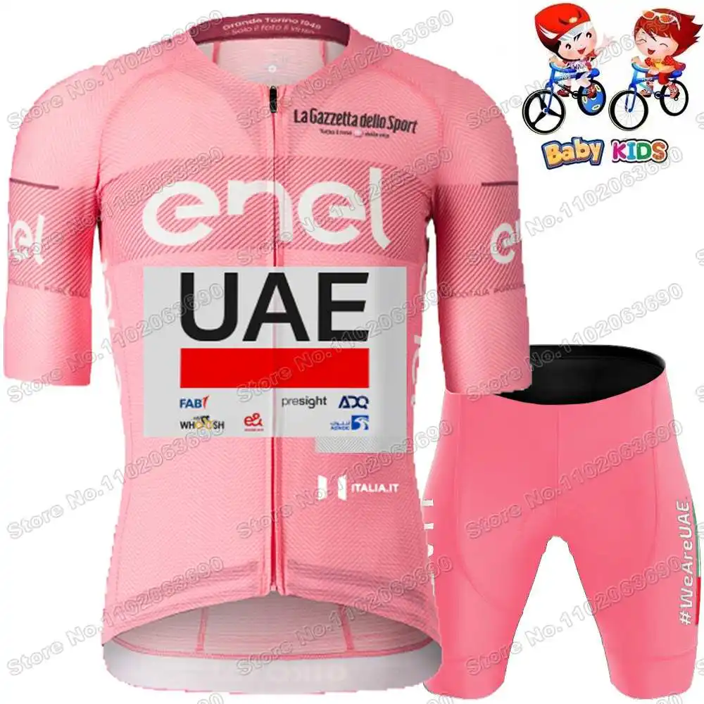 2025 Kids UAE Team Cycling Jersey Set France Italy Children Cycling Clothing White Yellow Pink Road Bike Shirt Suit Bicycle Pant 4