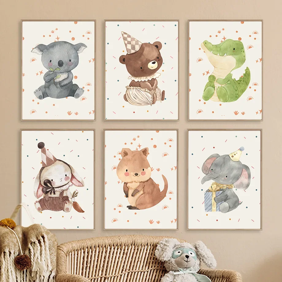 

Cute Bear Rabbit Raccoon Elephant Animal Nursery Wall Art Canvas Painting Nordic Posters Prints Pictures Baby Kids Room Decor