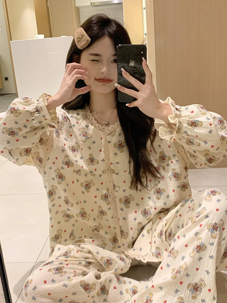 Милая домашняя пижама из мягкого хлопка с изображением медведя из мультфильма, зима-осень, женская элегантная повседневная Милая Ночная рубашка с длинным рукавом и милым рисунком