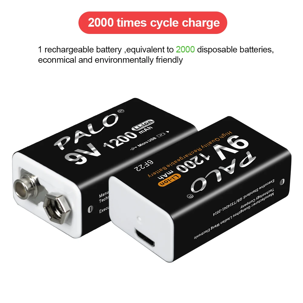 Plao Bateria Recarregável para Microfone Baterias Micro Usb 1200mah 9v Lítio 6f22 9v - Image 3