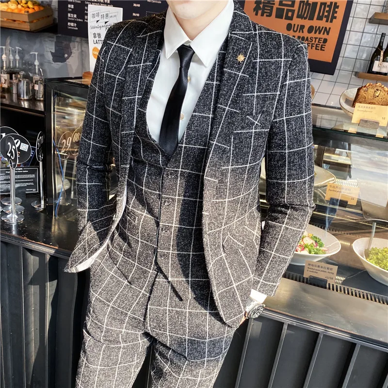 Striped Plaid 3-Piece Suit Set Fashion Business Handsome Wedding Groom Dress British Style with Vest & Trousers
