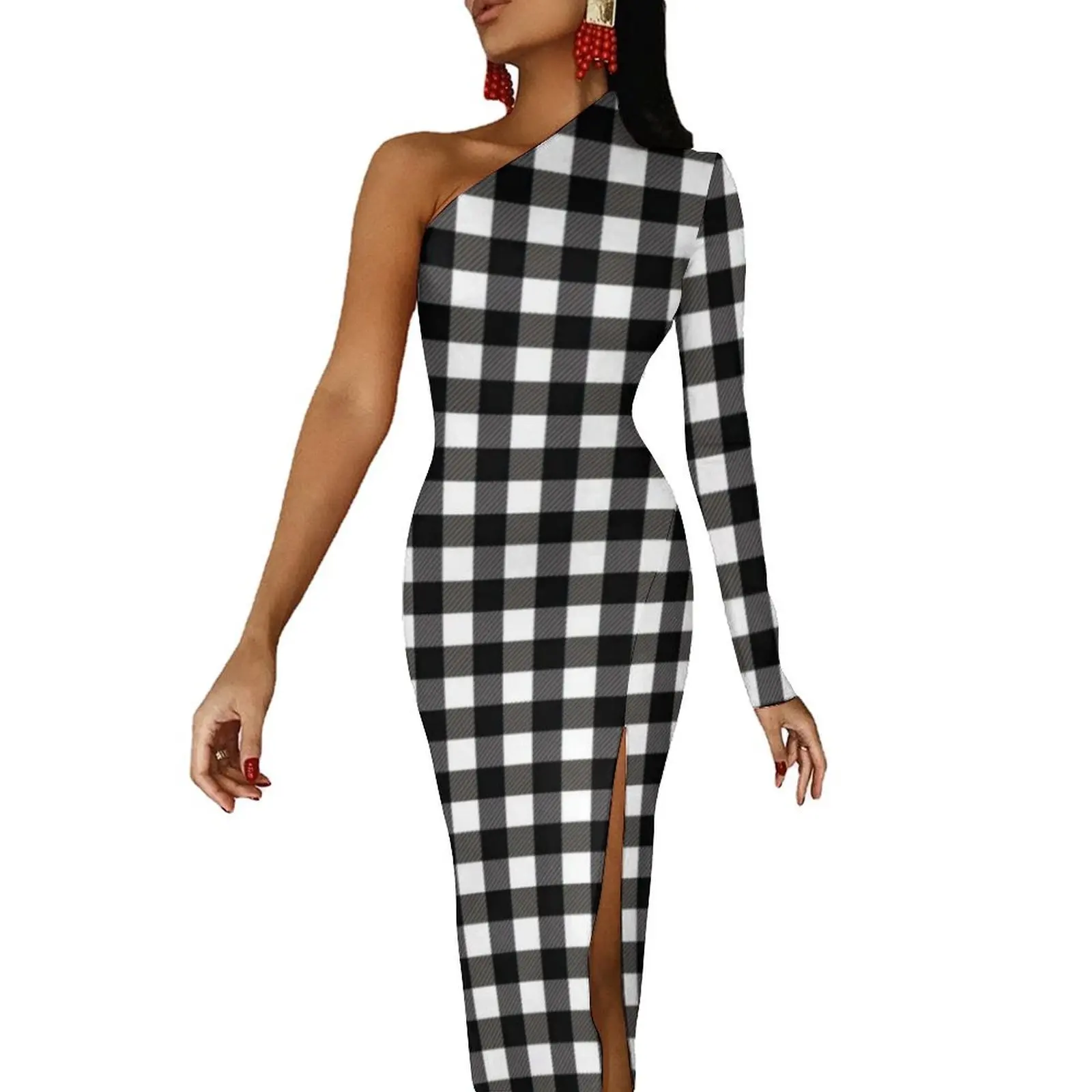 

Black White Plaid Bodycon Dress Women Checkerboard Print Sexy Maxi Dress Long Sleeve Aesthetic Graphic Dresses Birthday Present