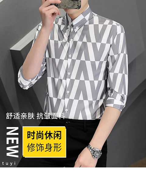 Description Picture 2 of itemBrand Plaid Shirts Men Fashion Quarter sleeve Loose Casual Shirts 2024 Spring Summer Streetwear Social Party Tuxedo Blouse M-4XL