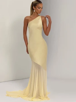 Abito lungo senza schienale con una spalla patchwork Oniflyme per donna Abito da sera elegante con lacci senza maniche trasparente giallo 1