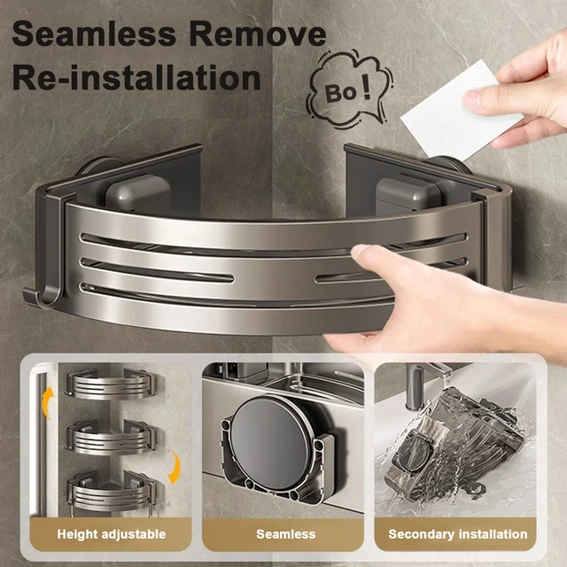 ชั้นวางของในห้องอาบน้ำรูปสามเหลี่ยมพร้อมตะขอ ติดตั้งด้วยถ้วยดูด ไม่ต้องเจาะผนัง ชั้นวางของในห้องน้ำอะลูมิเนียมสำหรับวางแชมพู สบู่ และของใช้ในครัว 4