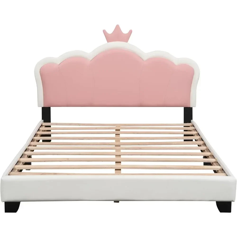 Upholstered Princess Bed with Crown Headboard, Full Size Platform Bed with Headboard and Footboard Beds Frames 5