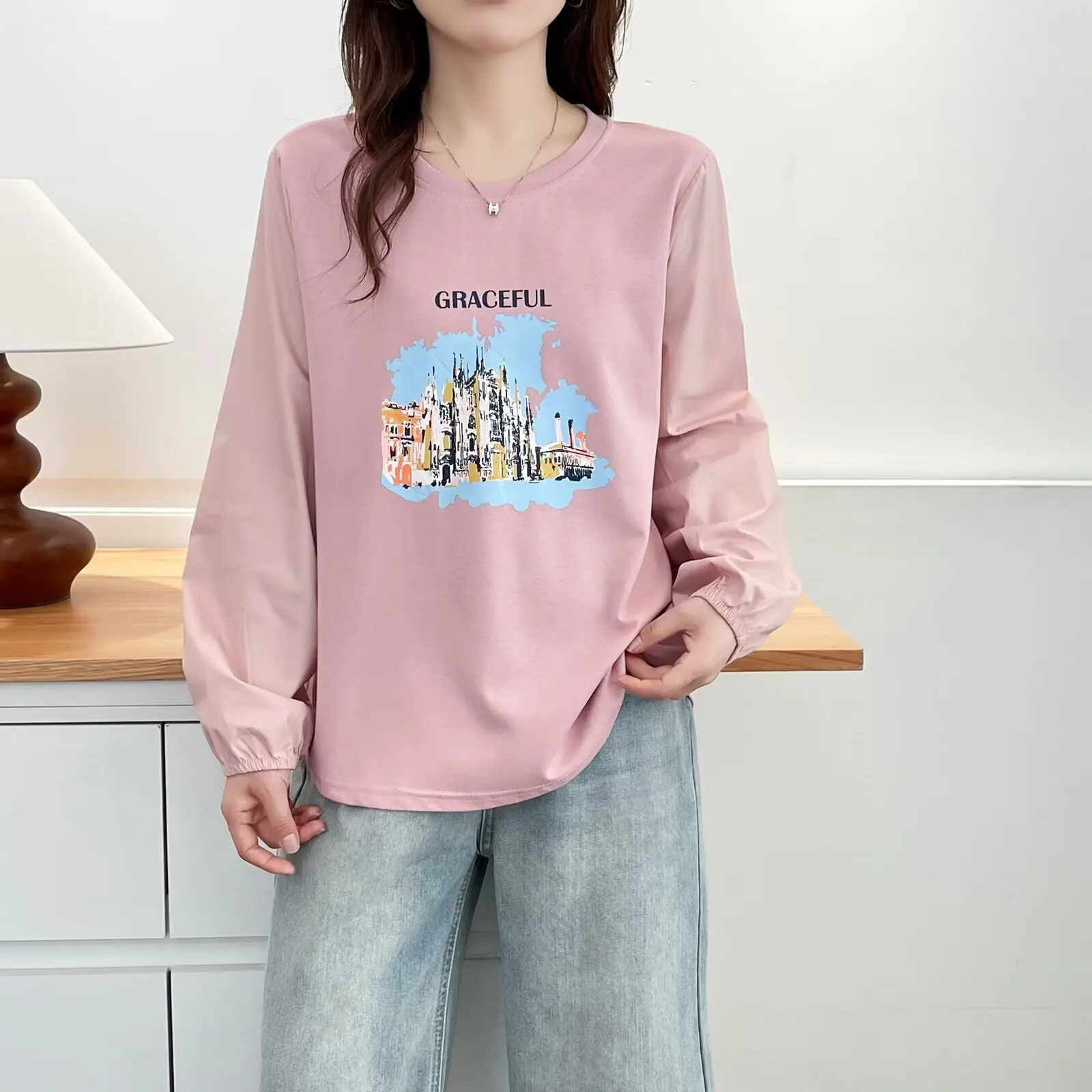 Fashion Plus Size Women's T-Shirt Autumn New Style Of Youthful Printed Long Sleeved round-neck Tops 2558