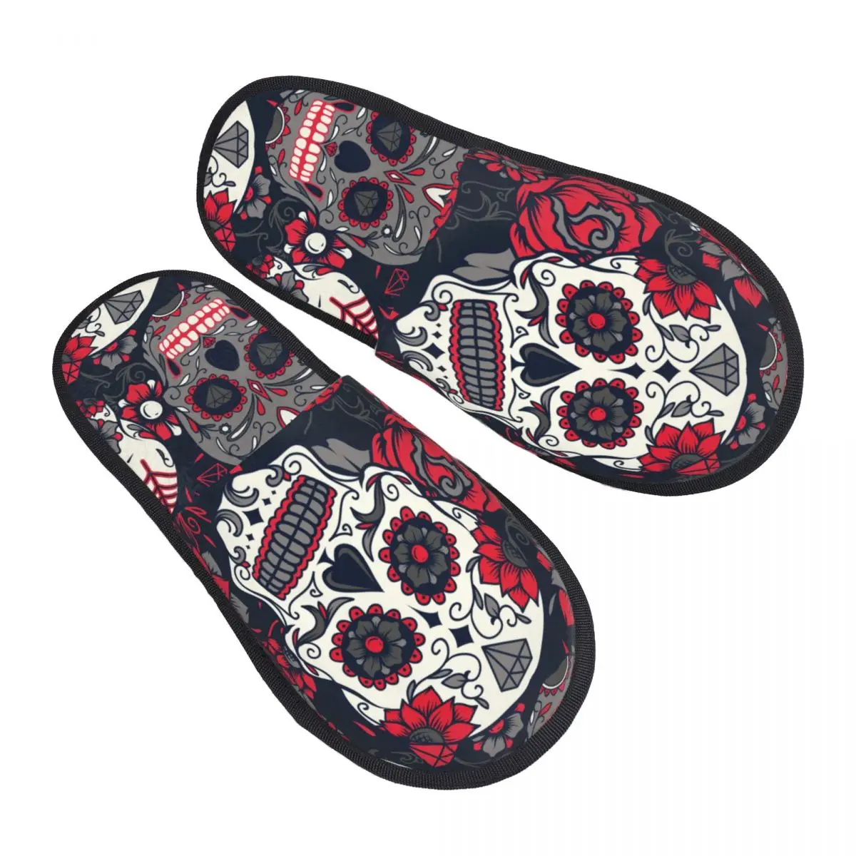 

Men Women Plush Indoor Slippers Colorful Sugar Skull With Ornament And Flower Warm Soft Shoes Home Footwear Autumn Winter 2023