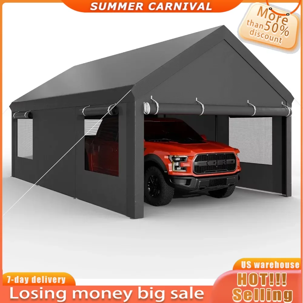 Carport Garage Boat Heavy Duty Carport Canopy With Roll-up Windows Truck Car Canopy 12x18.5 Ft With All-Season Tarp for Car Home