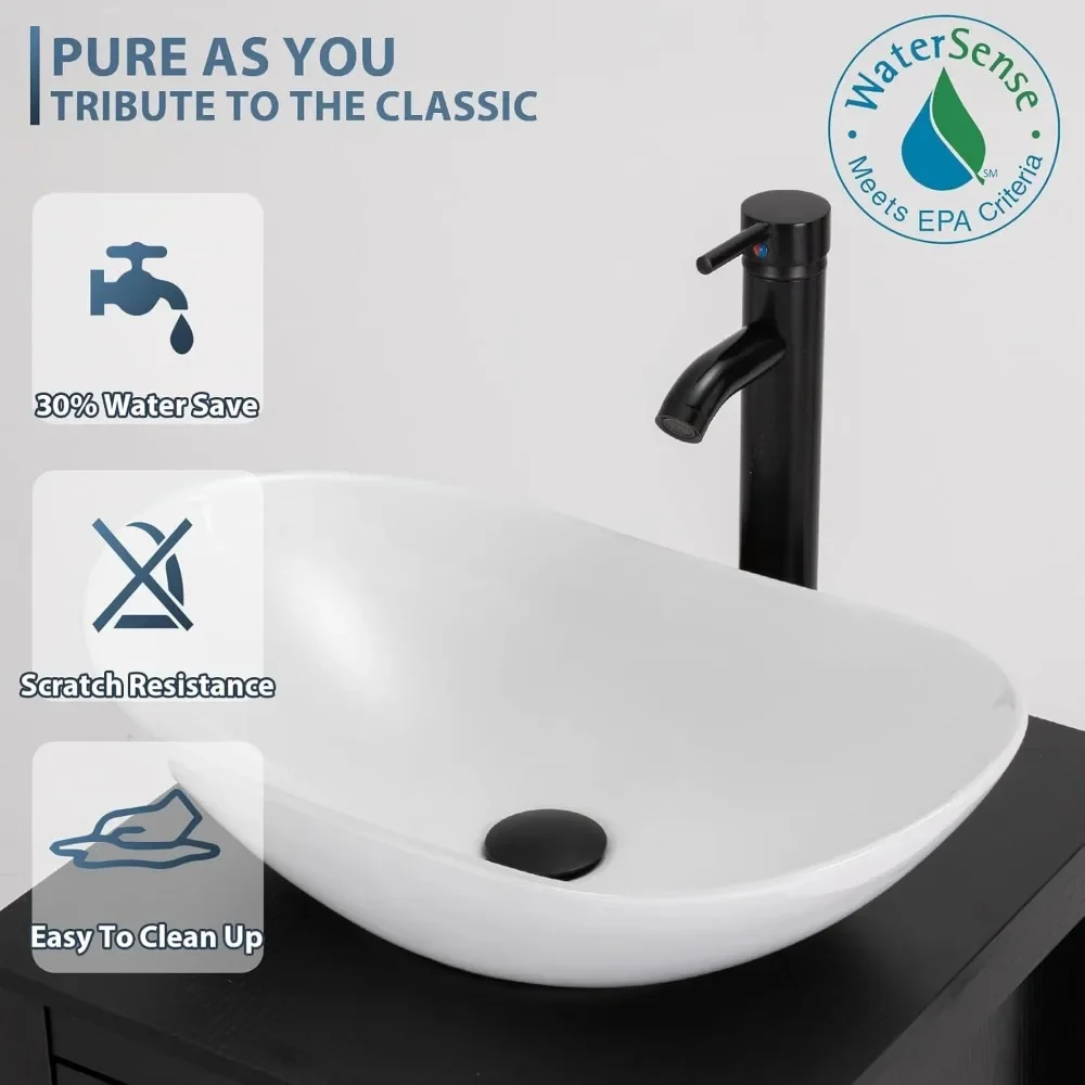24" Modern Bathroom Vanity Sink Combo Black Stand Cabinet with White Boat Ceramic Vessel Sink & Water Save Faucet & Pop Up Drain 6