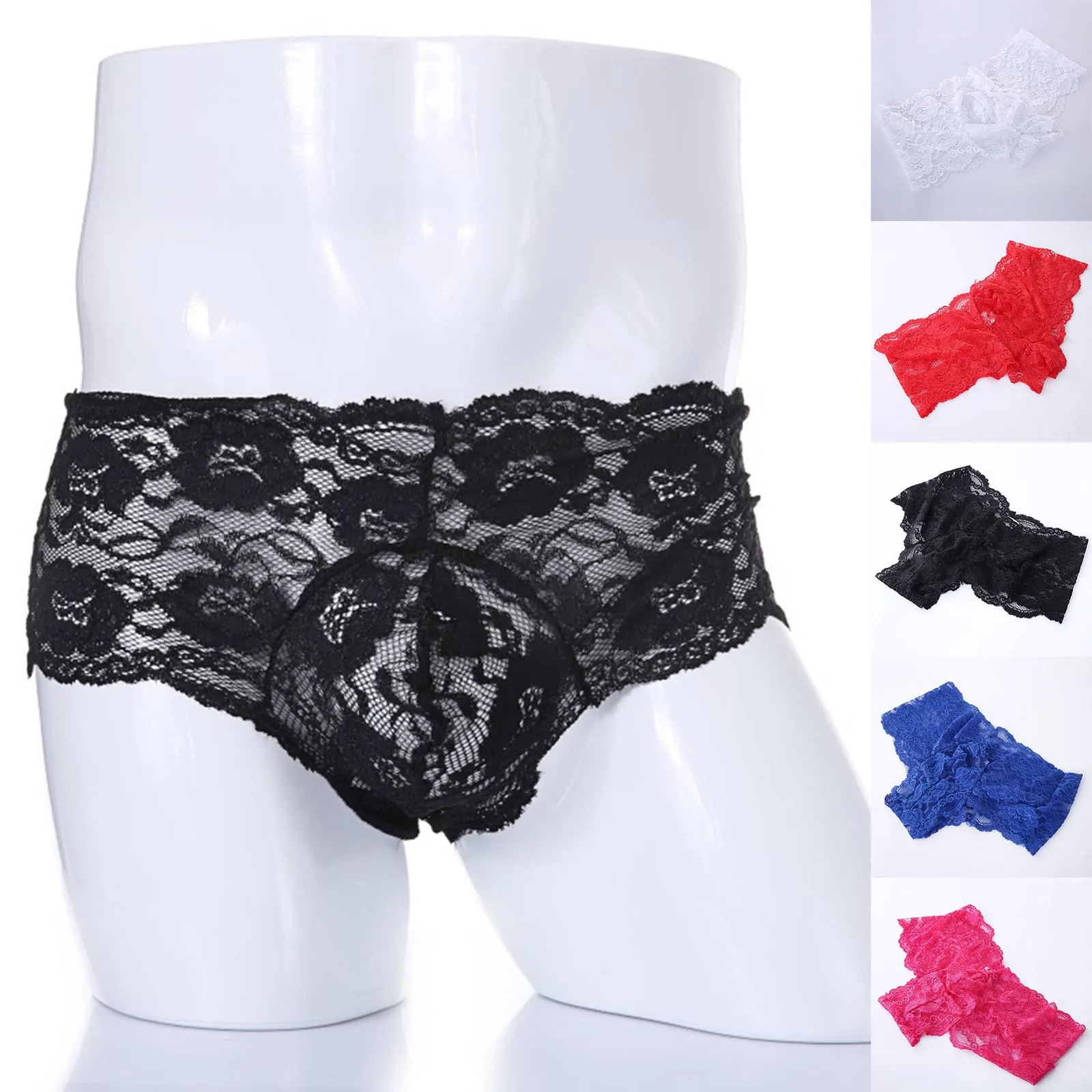 Men'S Lace Panties Sissy Boxer Shorts Sexy Gays Underwear Transparent Mesh Sissy Underpants Low Waist Male Breathable Cuecas