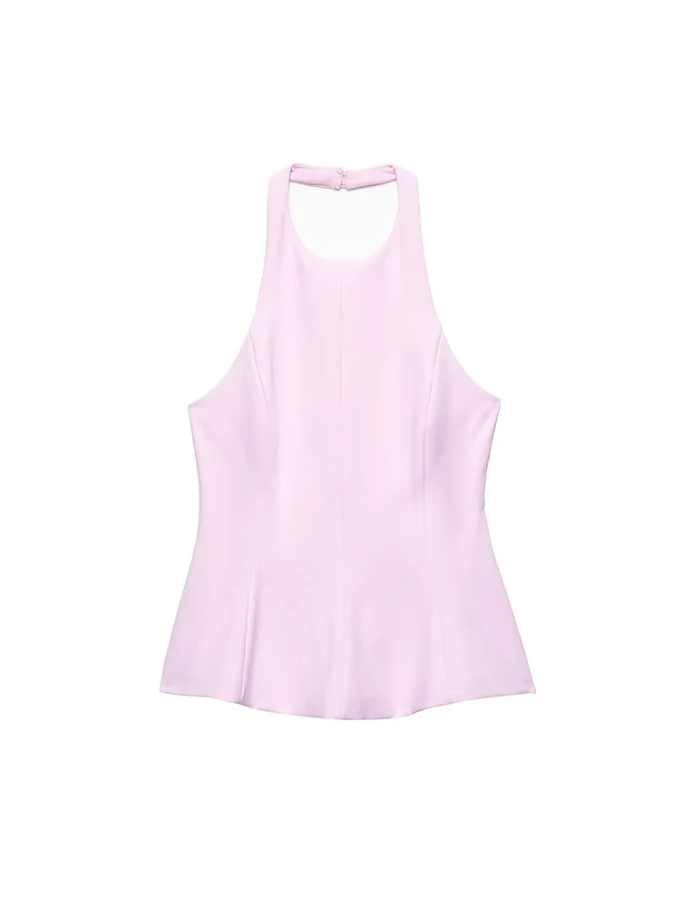 TFMLN Women Pink Halter Tank Tops Sexy Backless Sleeveless Female Chic Tops 2025 Summer New Women Side Zipper Fashion Top
