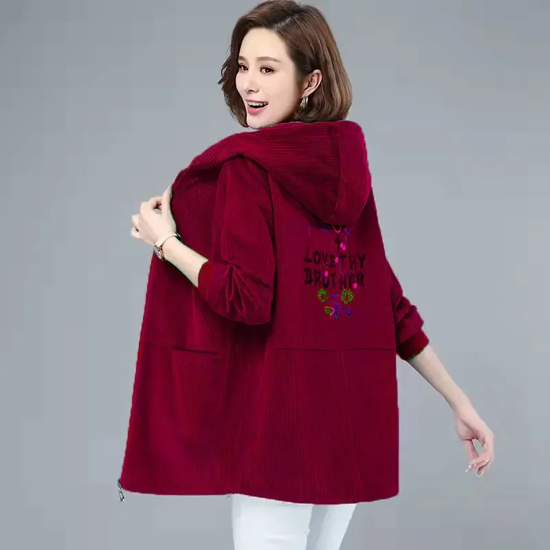 L-5XL Women's Corduroy Coat Embroidered Mid-length Trench Coat Spring and Autumn Jacket Retro Plus Size Loose Solid Color