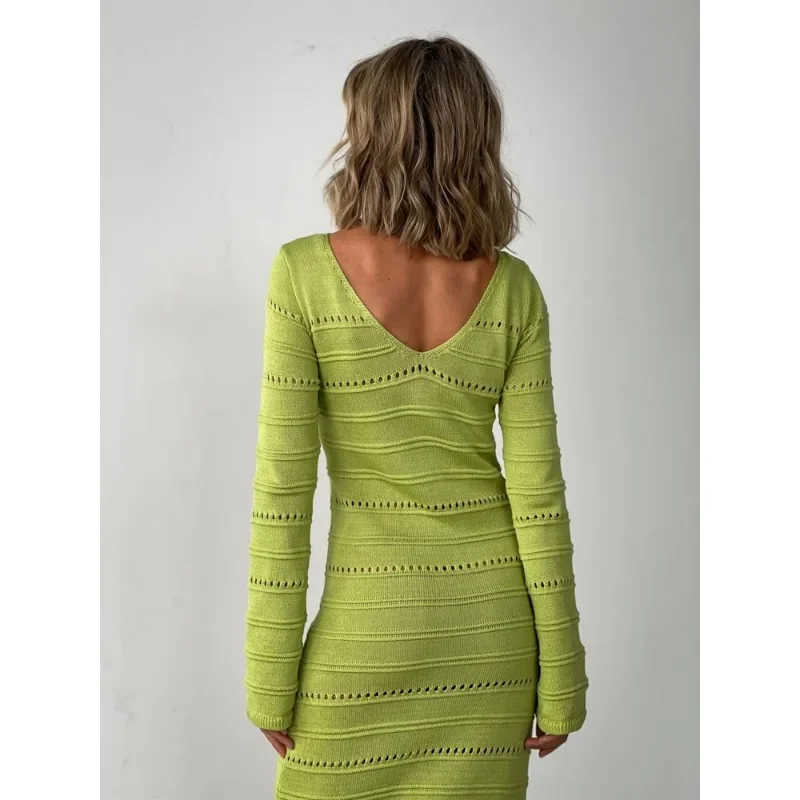 Striped Hollow Two-Wear Knitted Long Dress For Women Fashion Party Club Sweater Dress Vestido FemaleSlim Solid Outfits