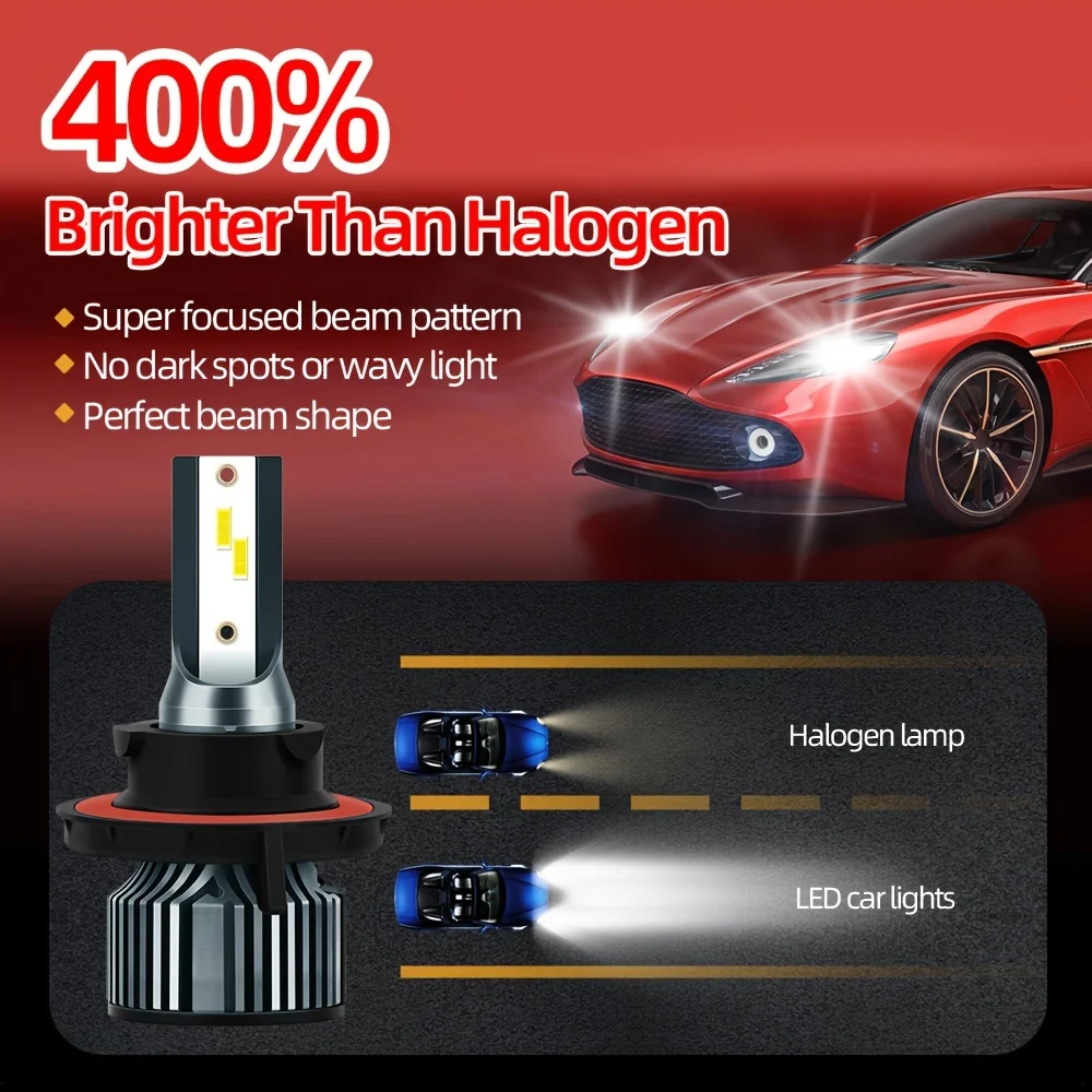 2pcs Bright LED H13 9008 High-Low All in One Bulbs 22000LM High Power 3570 CSP Chip 50000hrs Lifespan Plug-N-Play for Vehicles
